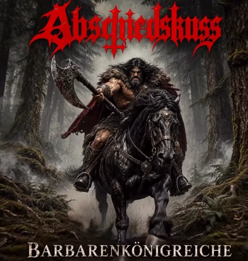 A rider, a black horse, and an axe of fire in an ancient forest.