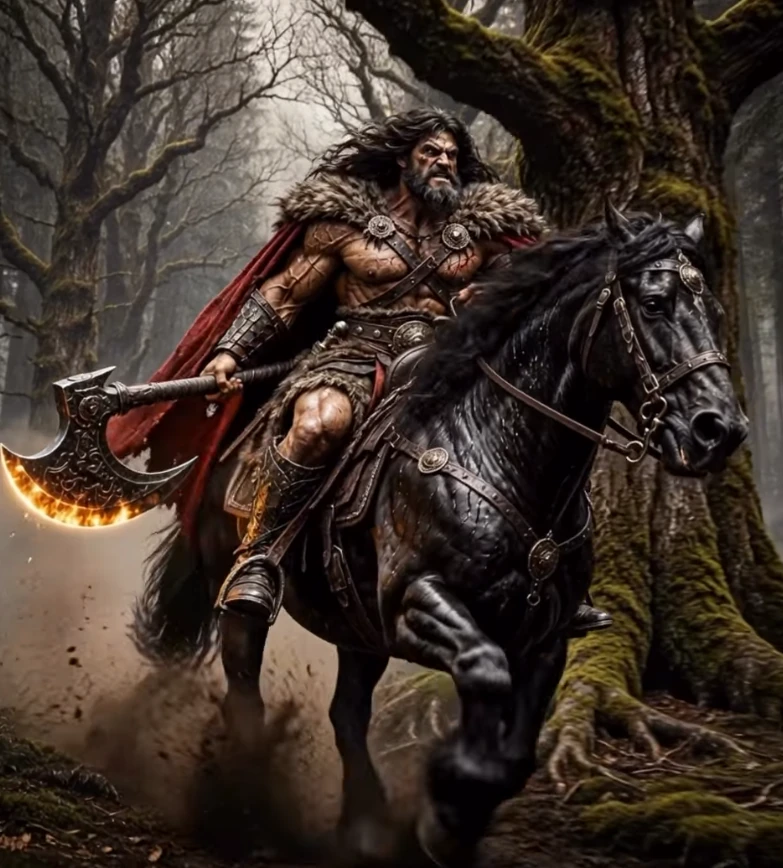 A fur-cloaked rider carries a burning axe through the trees.