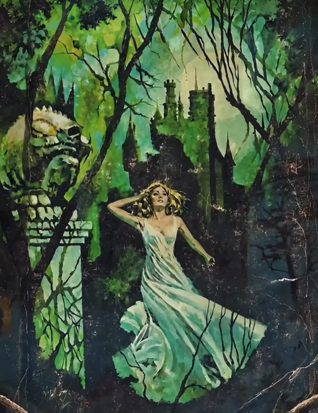 A green-lit forest, a distant castle, and a flowing pale gown.