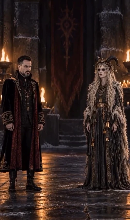 Two figures face one another in a candlelit hall.