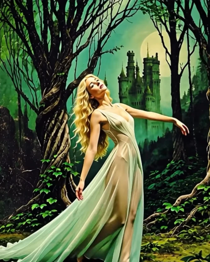 A figure in a flowing ivory gown beneath a green moon and tangled branches