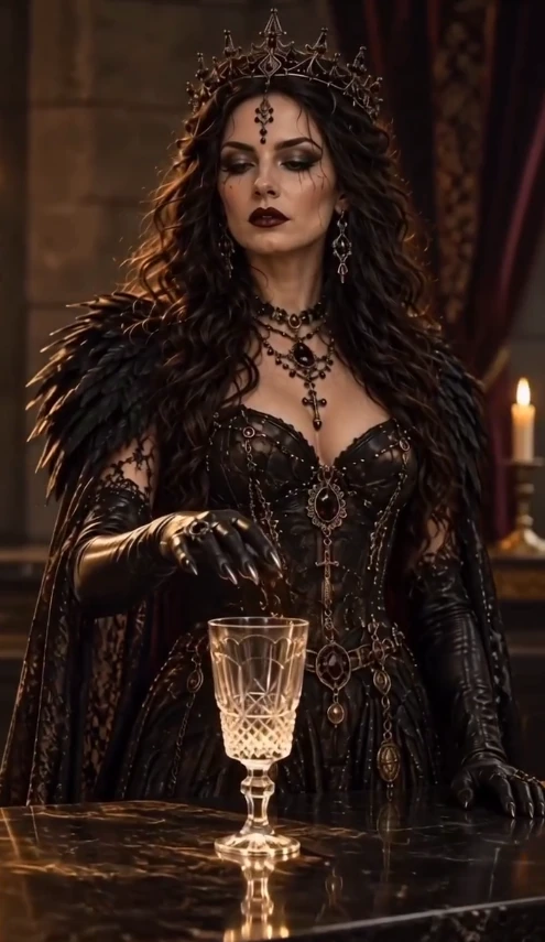 A crowned woman beside a glass in candlelight