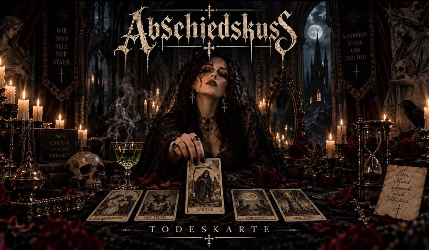 A dark-haired woman reads cards in a candlelit gothic chamber