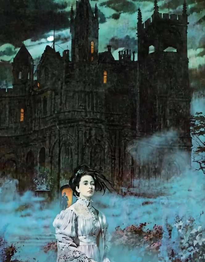 A pale figure stands before a castle surrounded by winter mist.
